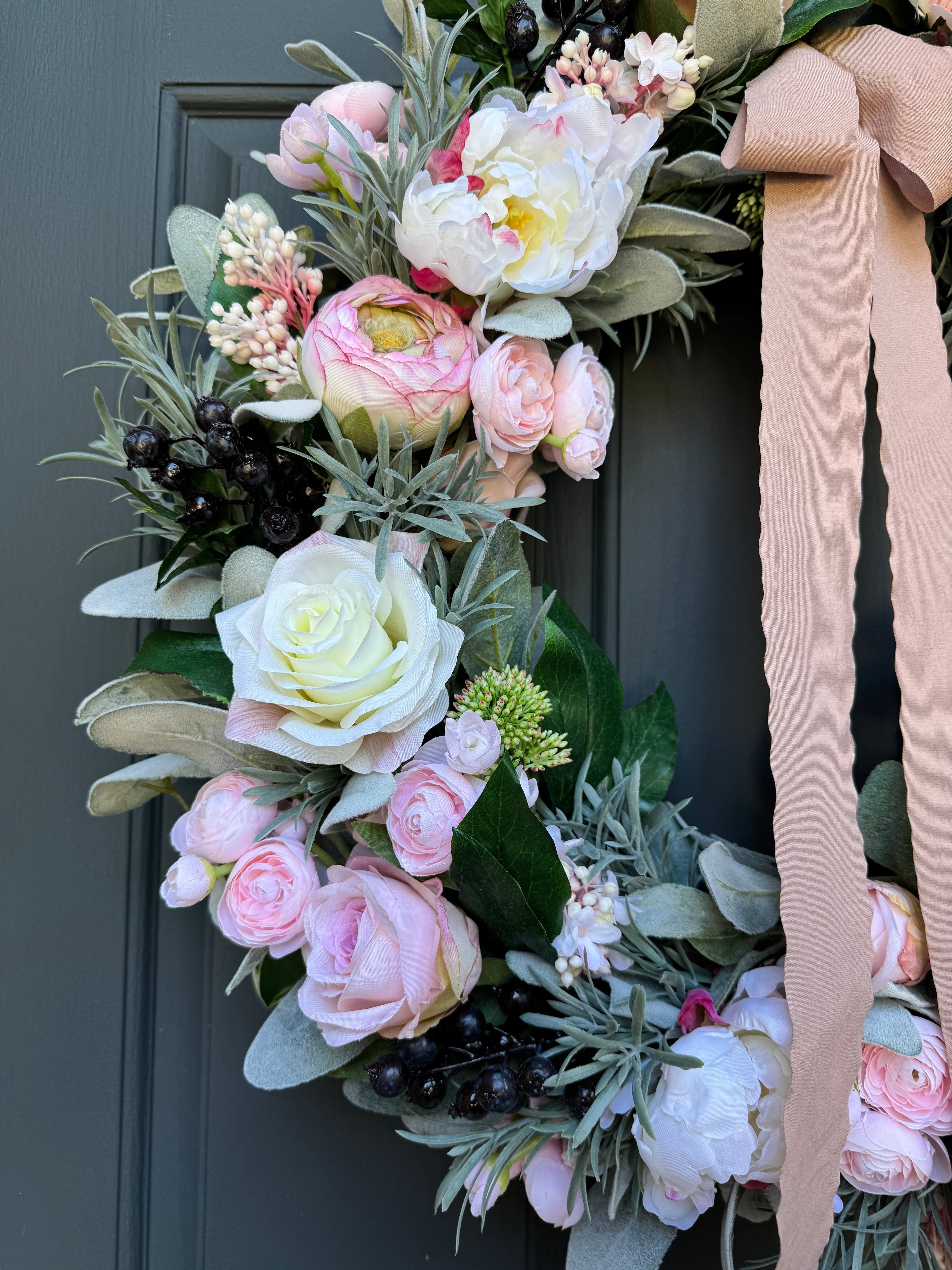 Pink Peony Rose Ranunculus Spring Wreath - Handcrafted with Bow