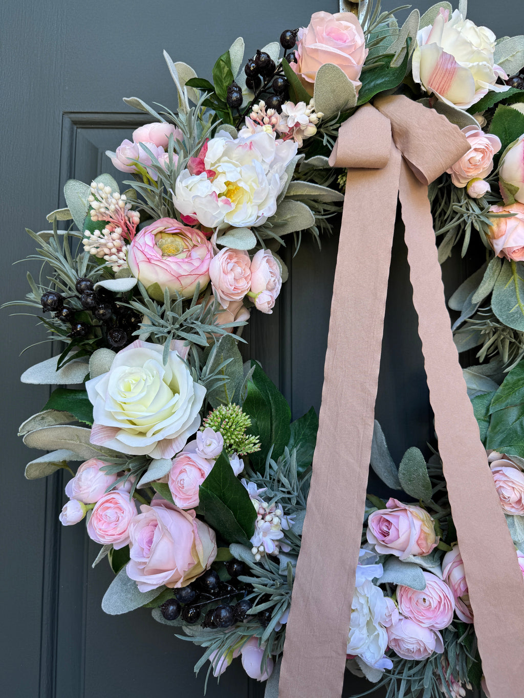 Pink Peony Rose Ranunculus Spring Wreath - Handcrafted with Bow