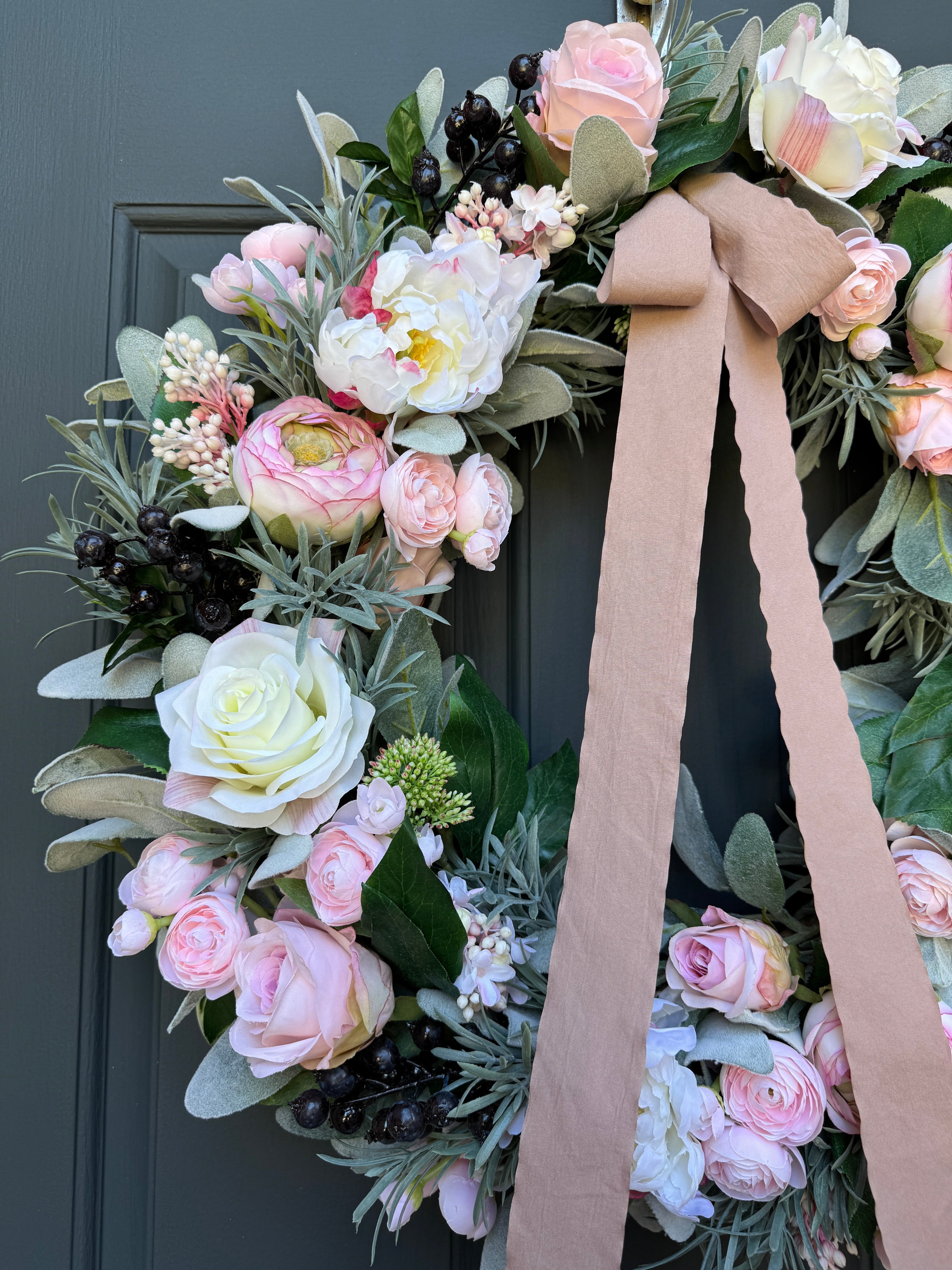 Pink Peony Rose Ranunculus Spring Wreath - Handcrafted with Bow