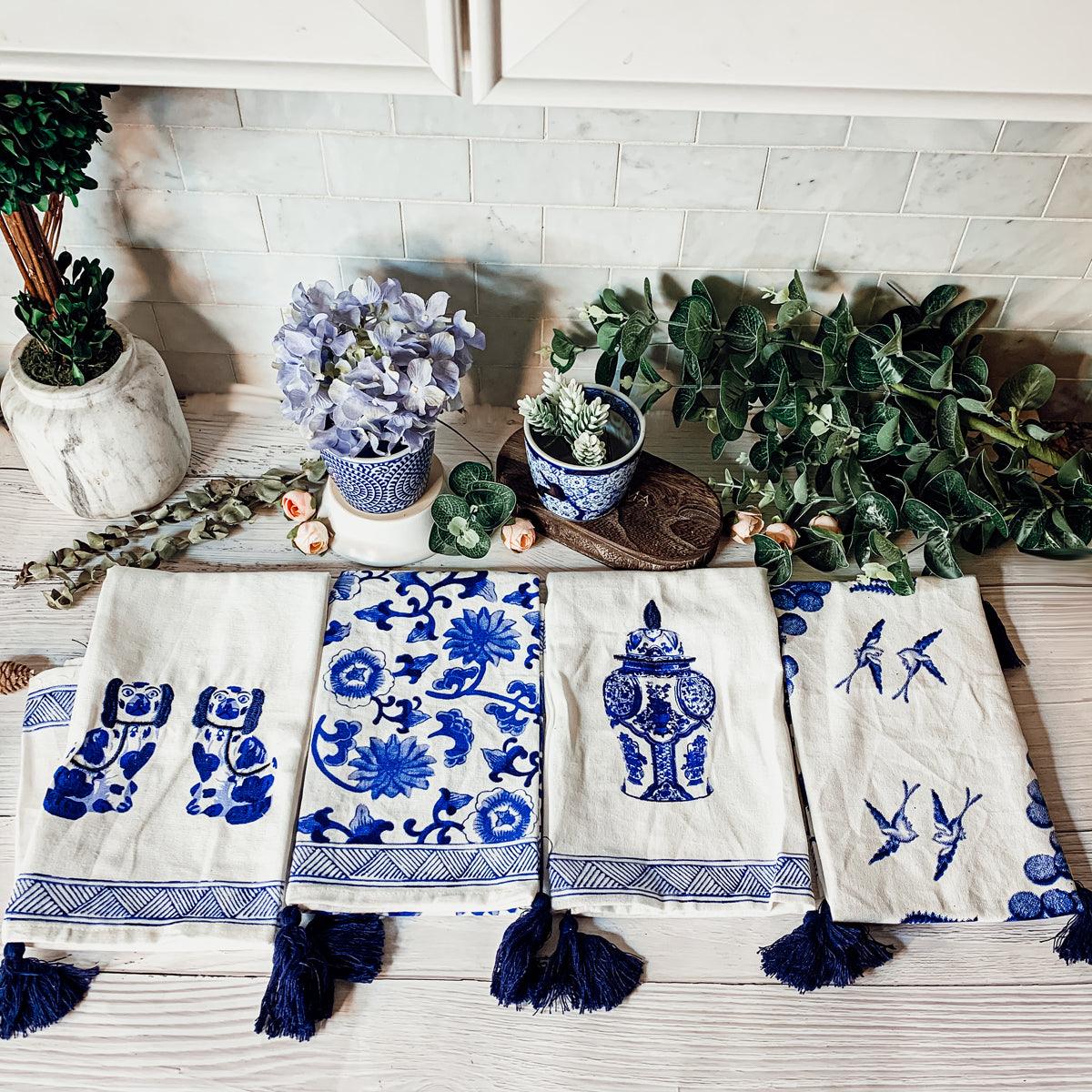 Chinoiserie Embroidered Tea Towels - Blue & White Cotton
