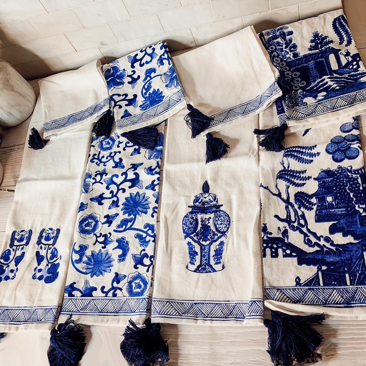 Chinoiserie Embroidered Tea Towels - Blue & White Cotton