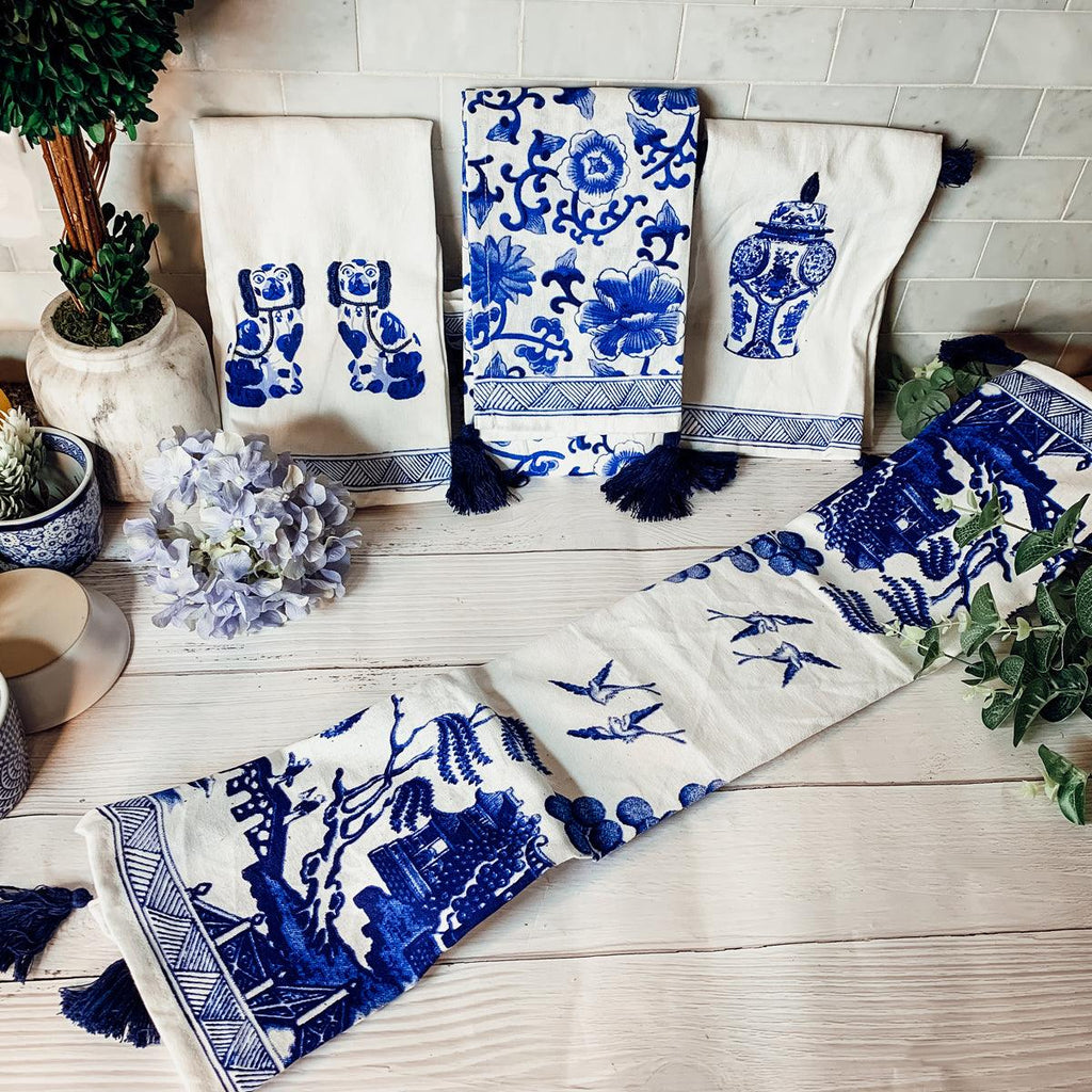 Chinoiserie Embroidered Tea Towels - Blue & White Cotton