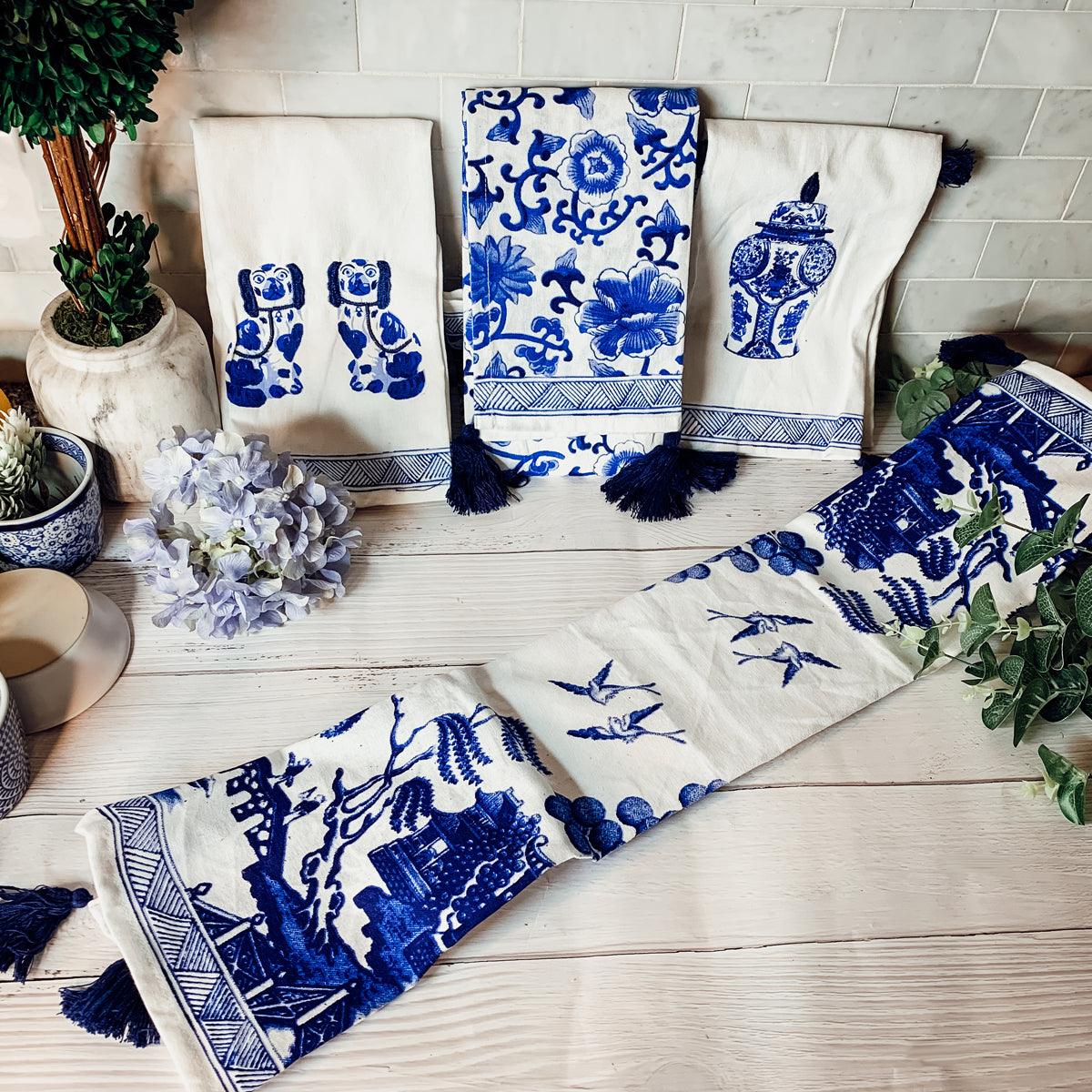 Chinoiserie Embroidered Tea Towels - Blue & White Cotton
