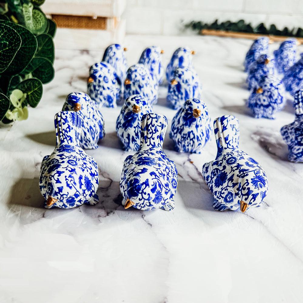 Chinoiserie Bird Figurines with Blue Floral Pattern