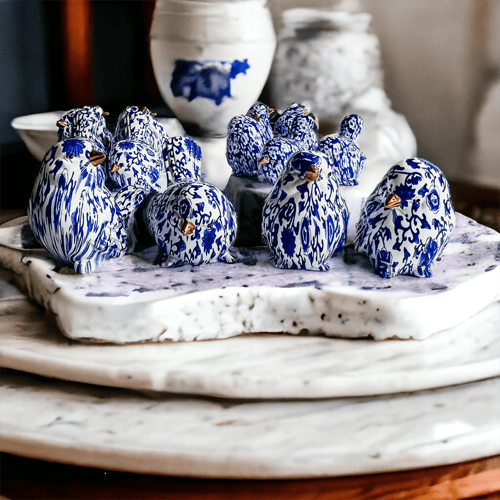 Chinoiserie Bird Figurines with Blue Floral Pattern