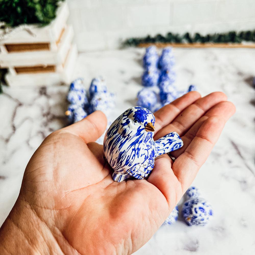 Chinoiserie Bird Figurines with Blue Floral Pattern