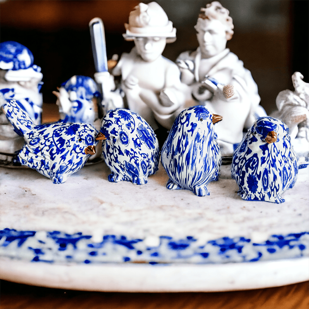Chinoiserie Bird Figurines with Blue Floral Pattern
