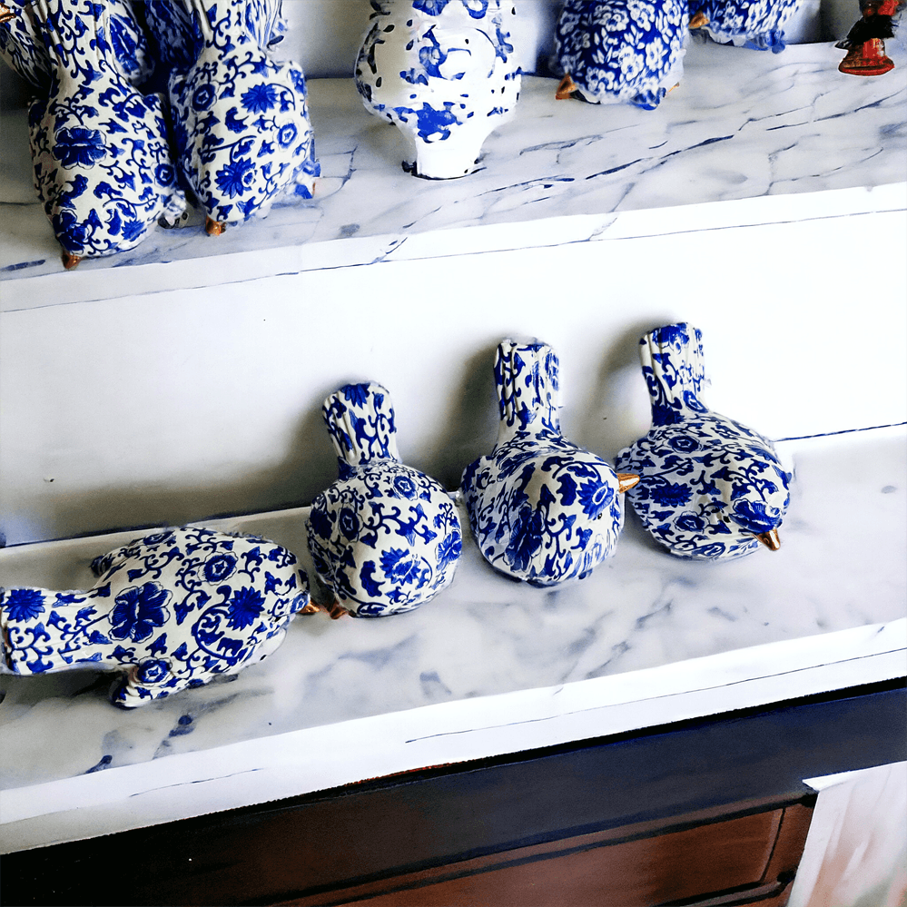 Chinoiserie Bird Figurines with Blue Floral Pattern