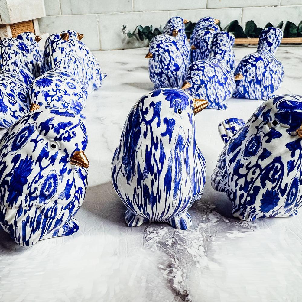 Chinoiserie Bird Figurines with Blue Floral Pattern