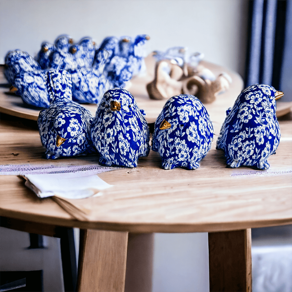 Chinoiserie Bird Figurines with Blue Floral Pattern