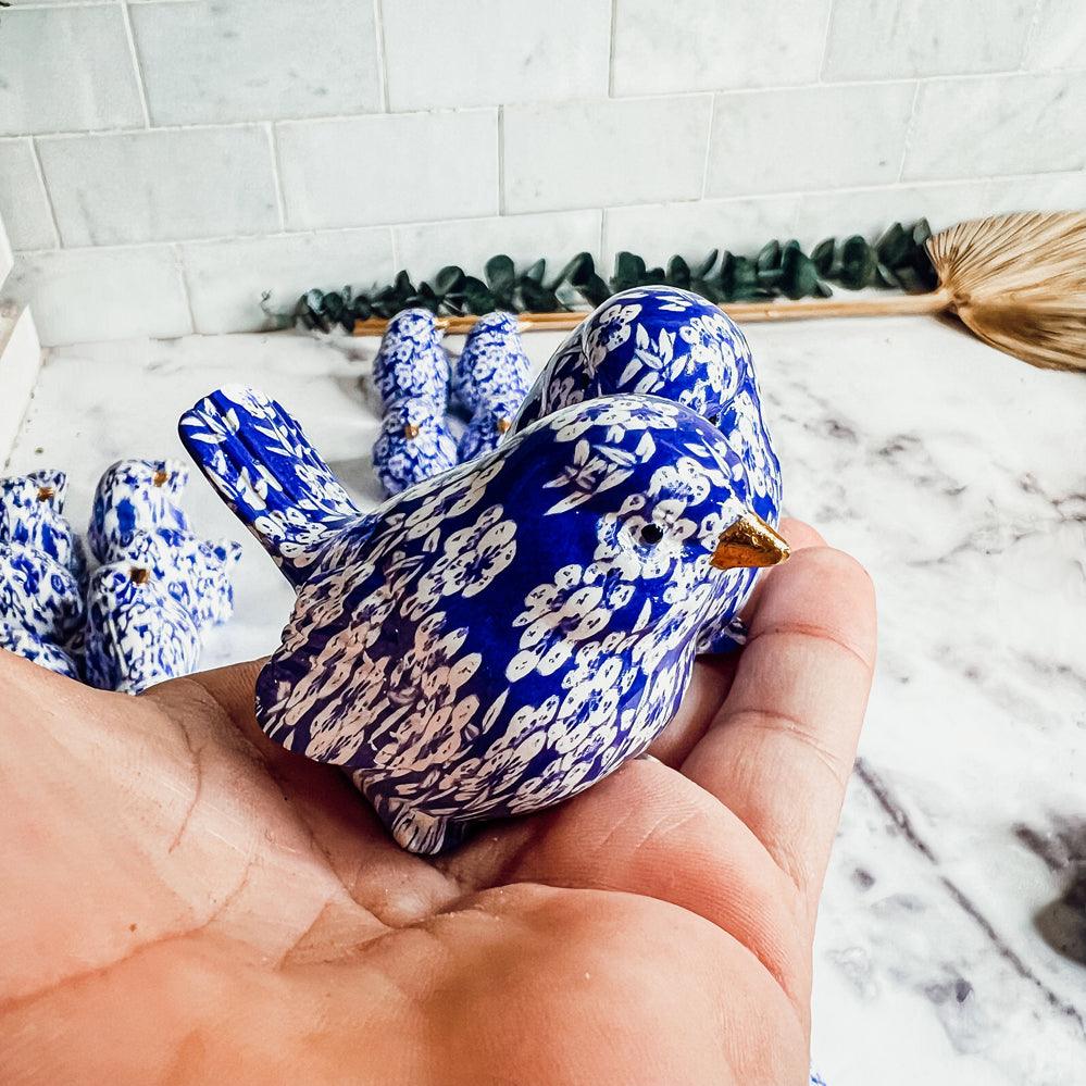 Chinoiserie Bird Figurines with Blue Floral Pattern