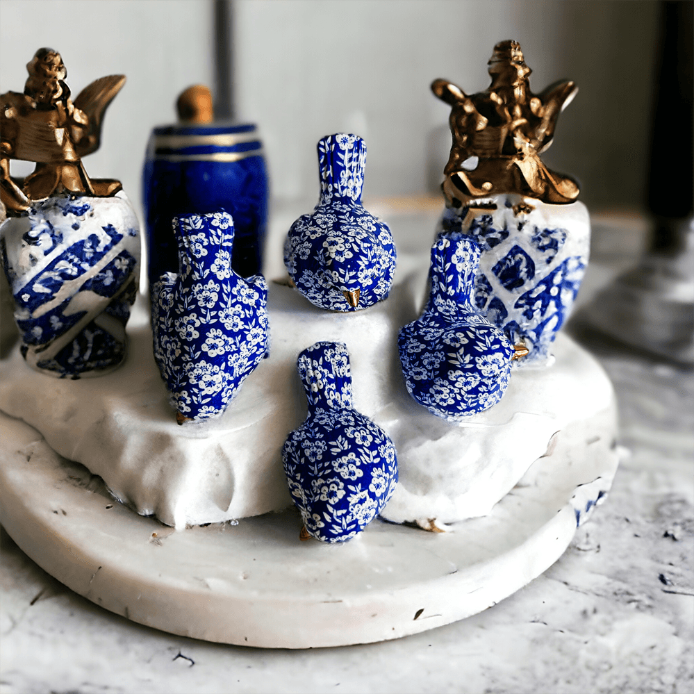 Chinoiserie Bird Figurines with Blue Floral Pattern