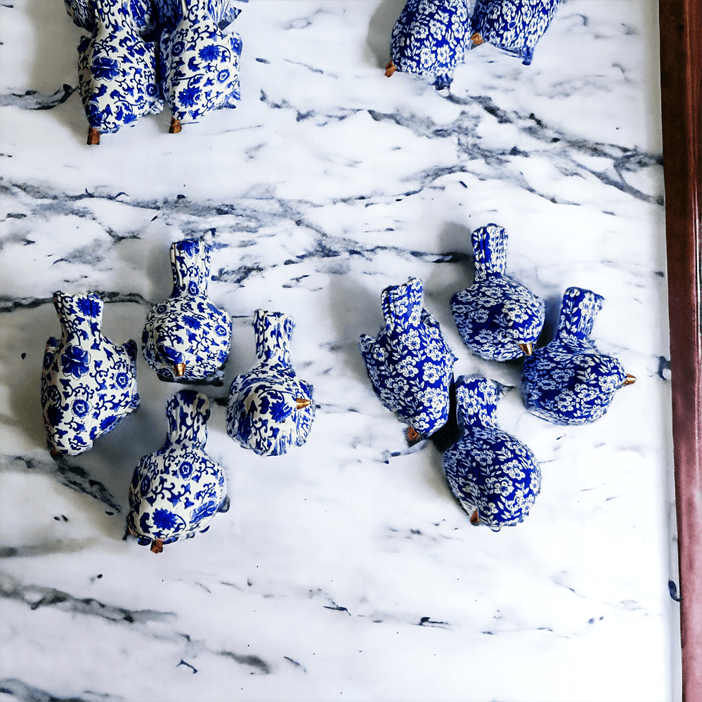 Chinoiserie Bird Figurines with Blue Floral Pattern