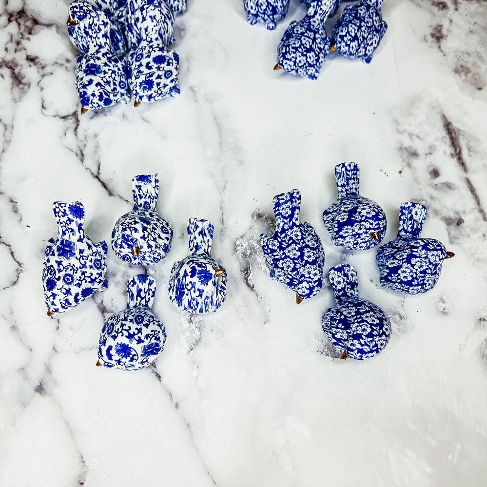 Chinoiserie Bird Figurines with Blue Floral Pattern