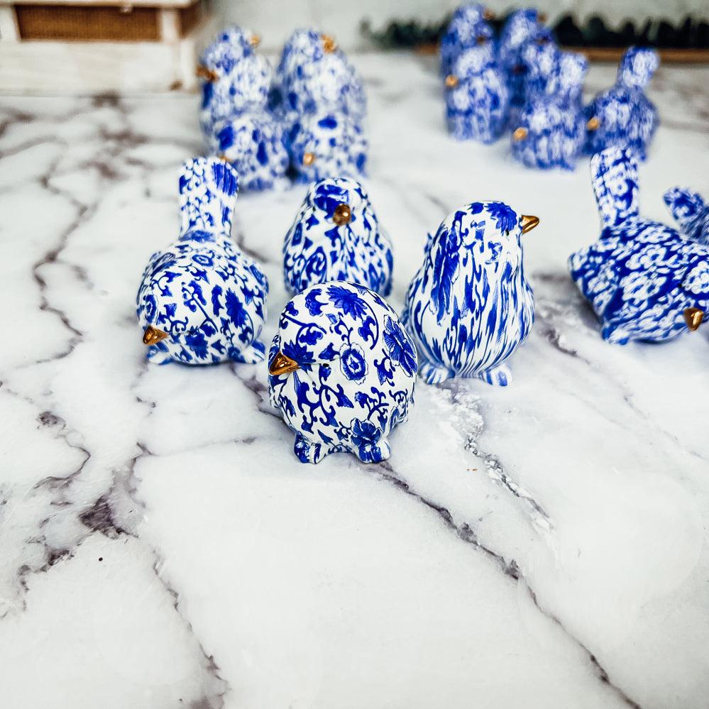 Chinoiserie Bird Figurines with Blue Floral Pattern