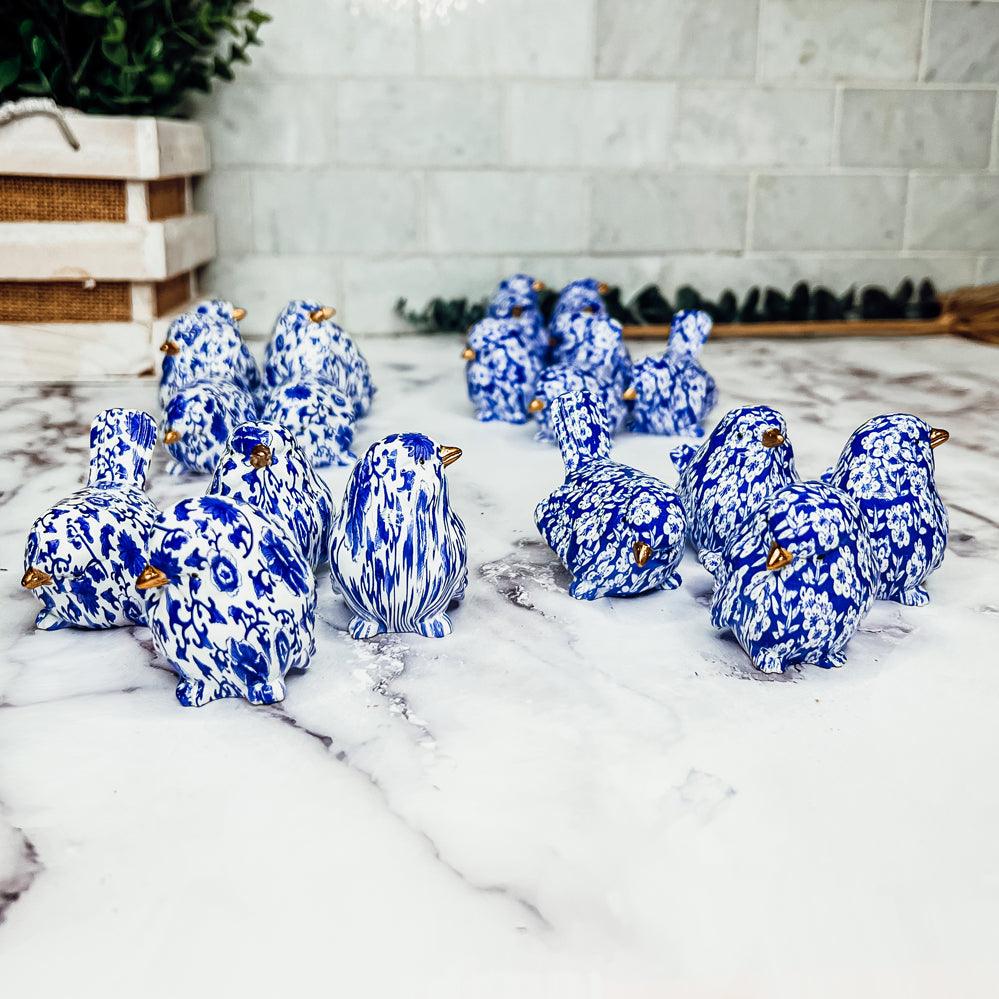 Chinoiserie Bird Figurines with Blue Floral Pattern