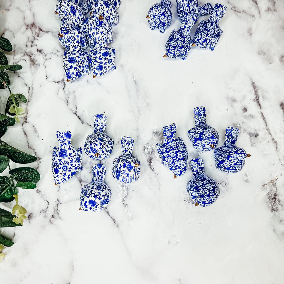 Chinoiserie Bird Figurines with Blue Floral Pattern