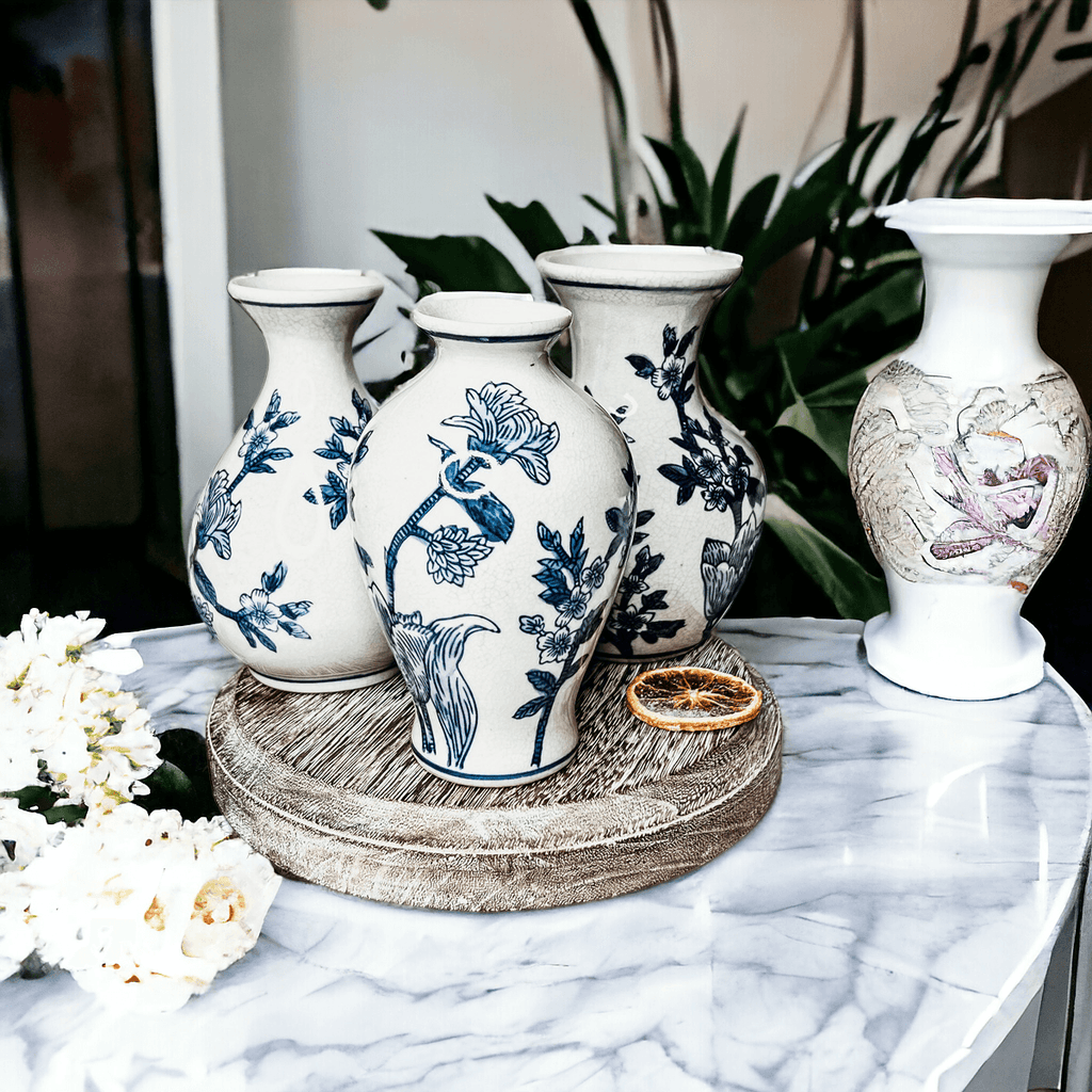 Japanese Floral Blue White Vase - Hand Painted Chinoiserie Porcelain
