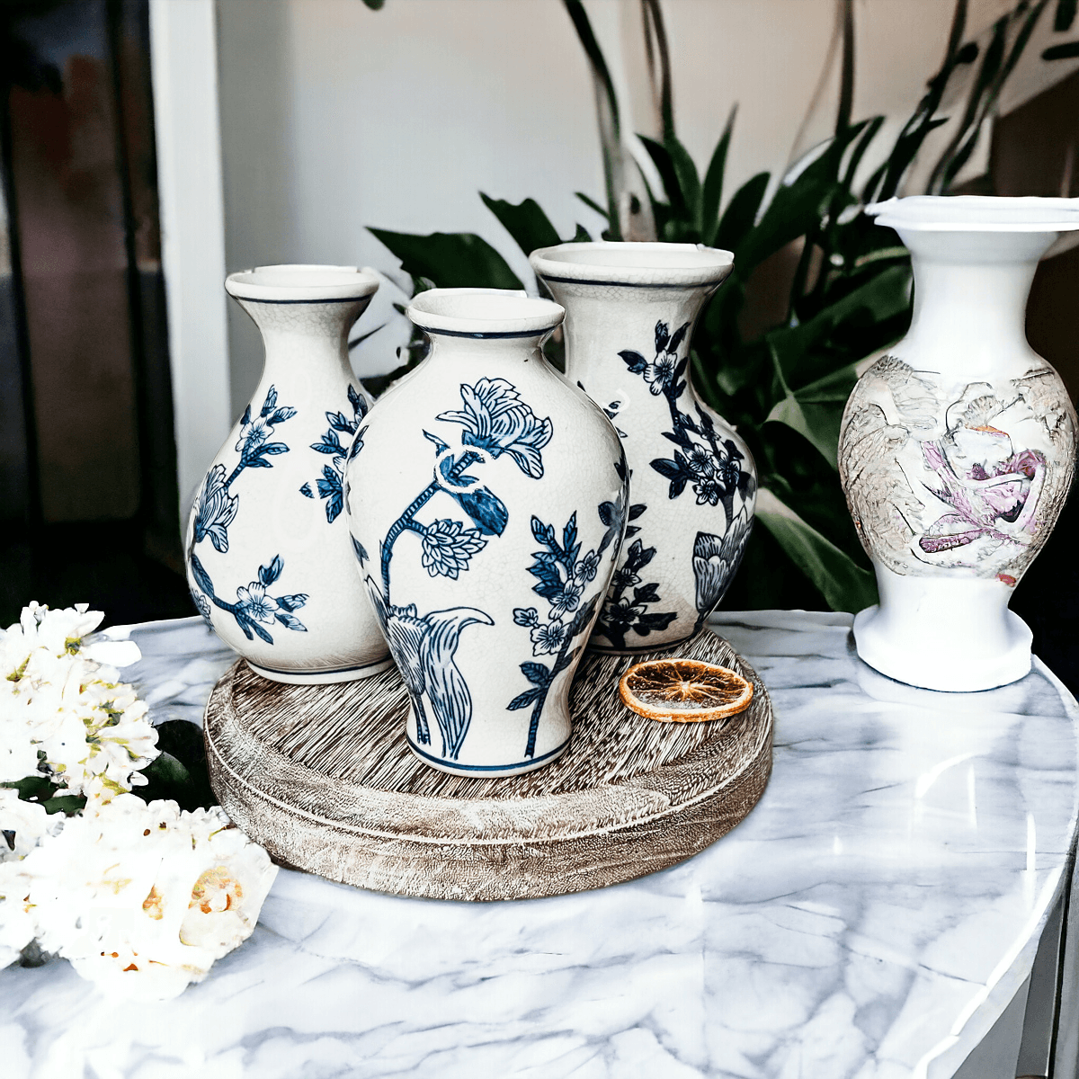 Japanese Floral Blue White Vase - Hand Painted Chinoiserie Porcelain