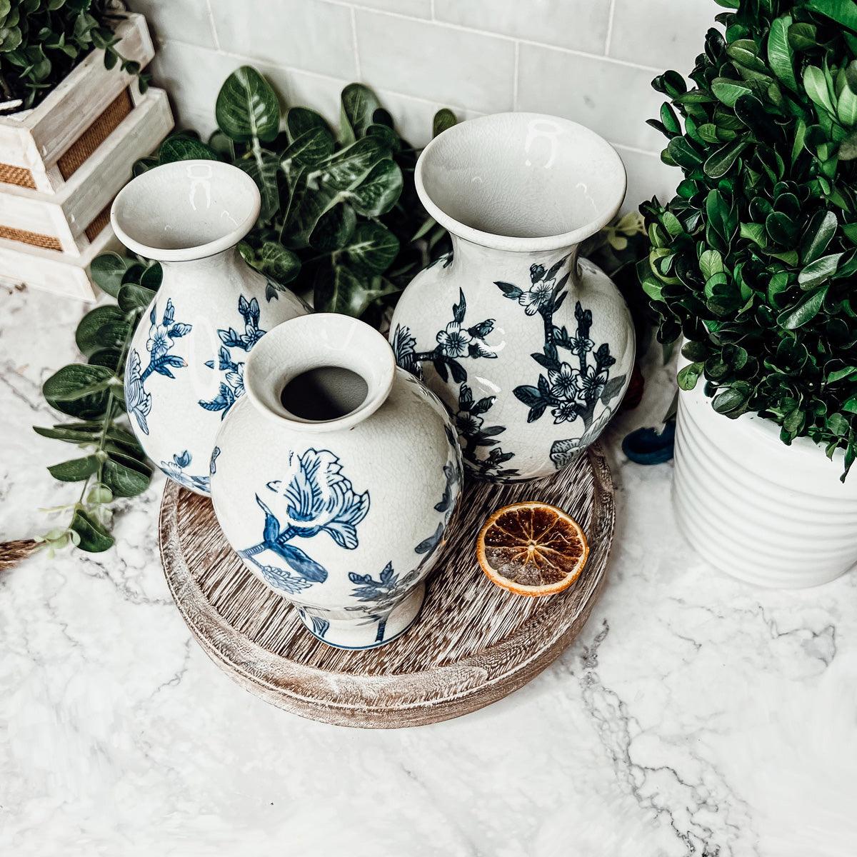 Japanese Floral Blue White Vase - Hand Painted Chinoiserie Porcelain