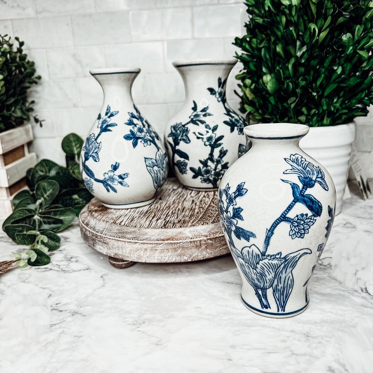 Japanese Floral Blue White Vase - Hand Painted Chinoiserie Porcelain