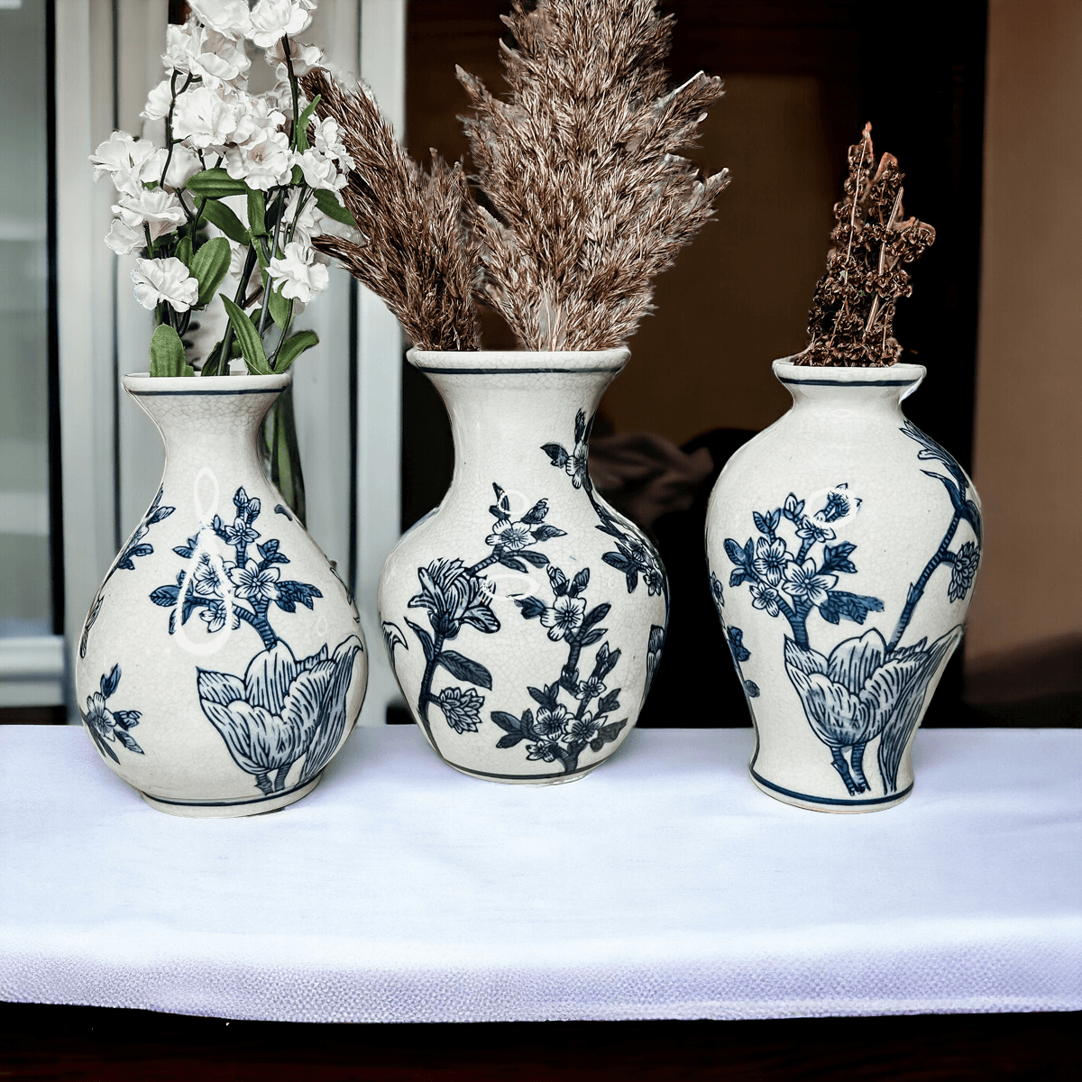 Japanese Floral Blue White Vase - Hand Painted Chinoiserie Porcelain