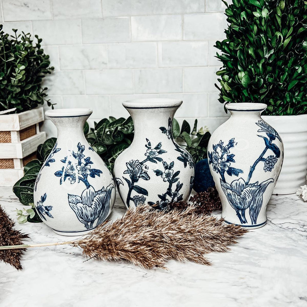 Japanese Floral Blue White Vase - Hand Painted Chinoiserie Porcelain