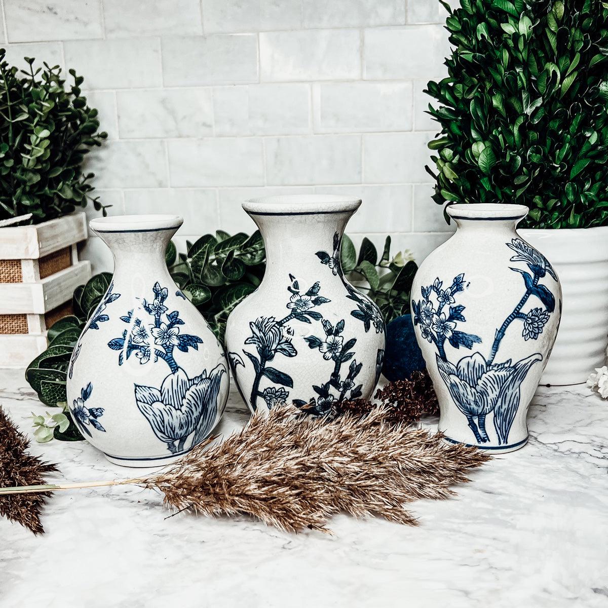 Japanese Floral Blue White Vase - Hand Painted Chinoiserie Porcelain