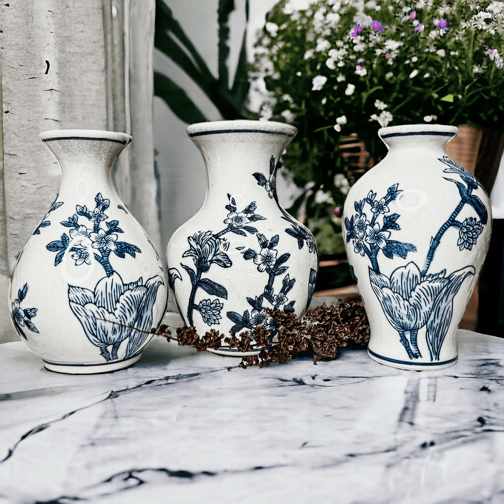 Japanese Floral Blue White Vase - Hand Painted Chinoiserie Porcelain