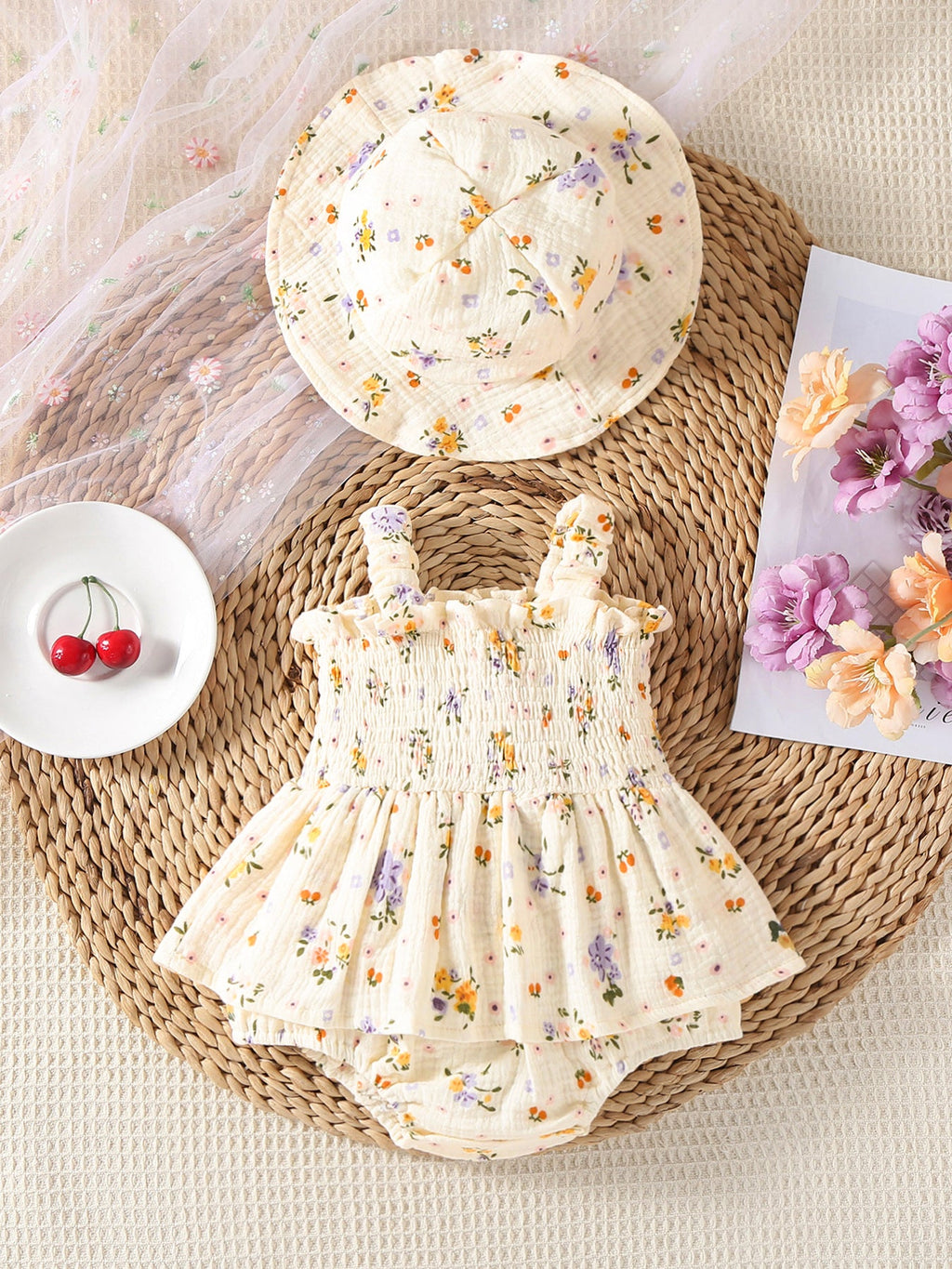 Baby Muslin Floral Smocked Romper with Matching Hat Set - 100% Cotton