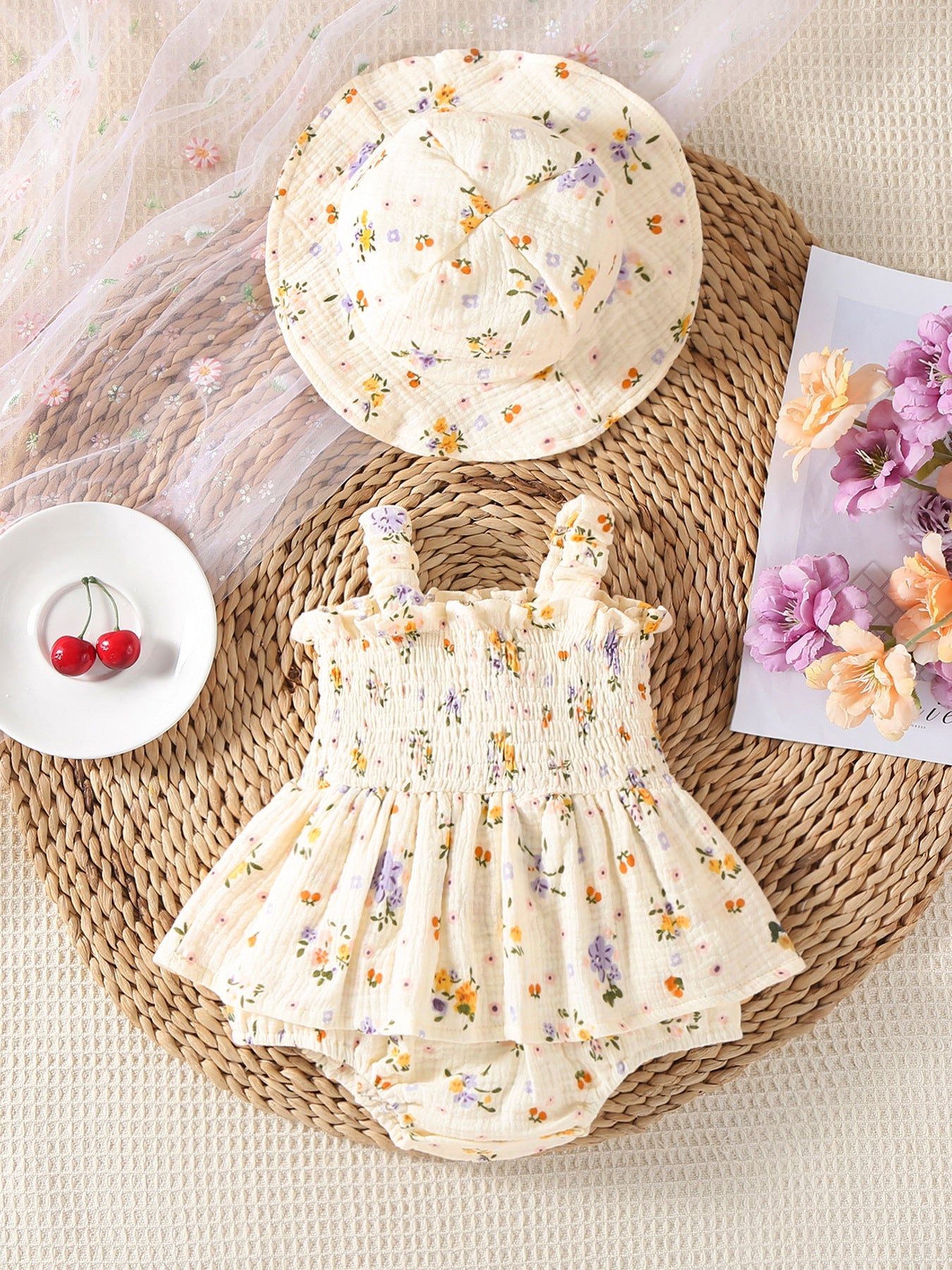 Baby Muslin Floral Smocked Romper with Matching Hat Set - 100% Cotton