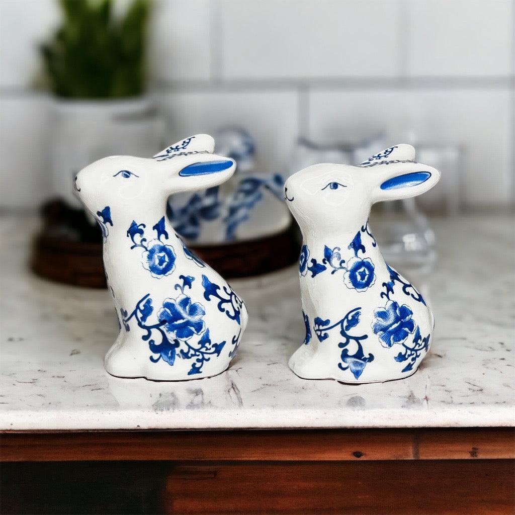 Blue and White Bunny Salt & Pepper Shakers - Hand Painted Porcelain