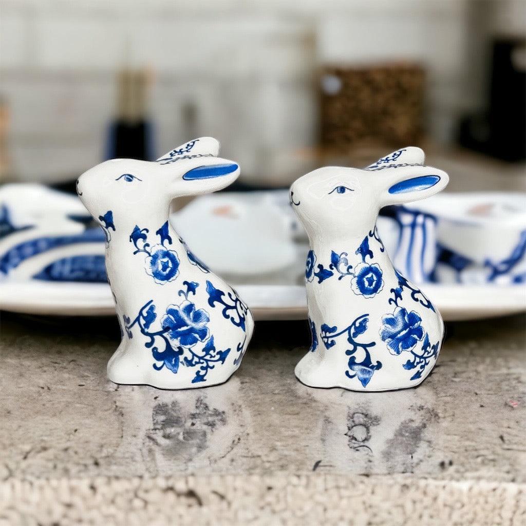 Blue and White Bunny Salt & Pepper Shakers - Hand Painted Porcelain