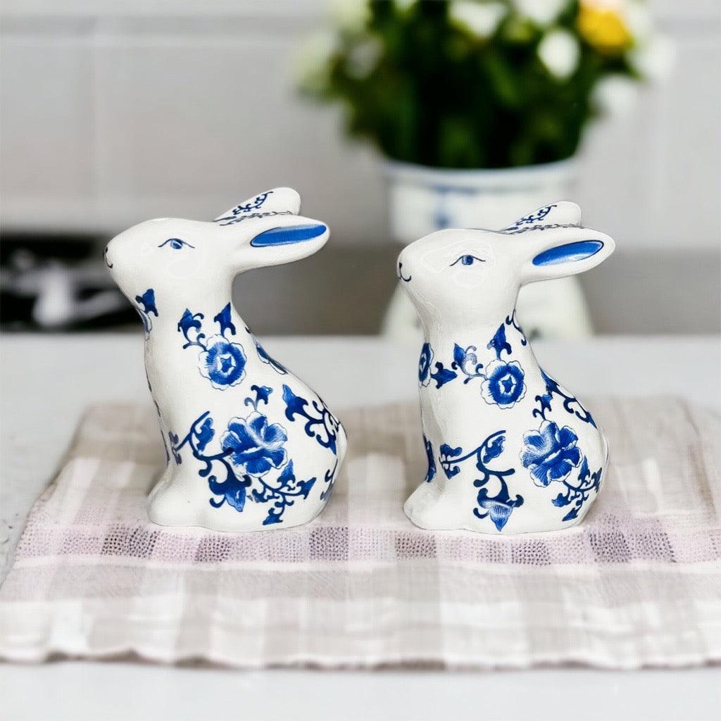 Blue and White Bunny Salt & Pepper Shakers - Hand Painted Porcelain