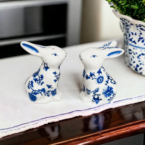 Blue and White Bunny Salt & Pepper Shakers - Hand Painted Porcelain