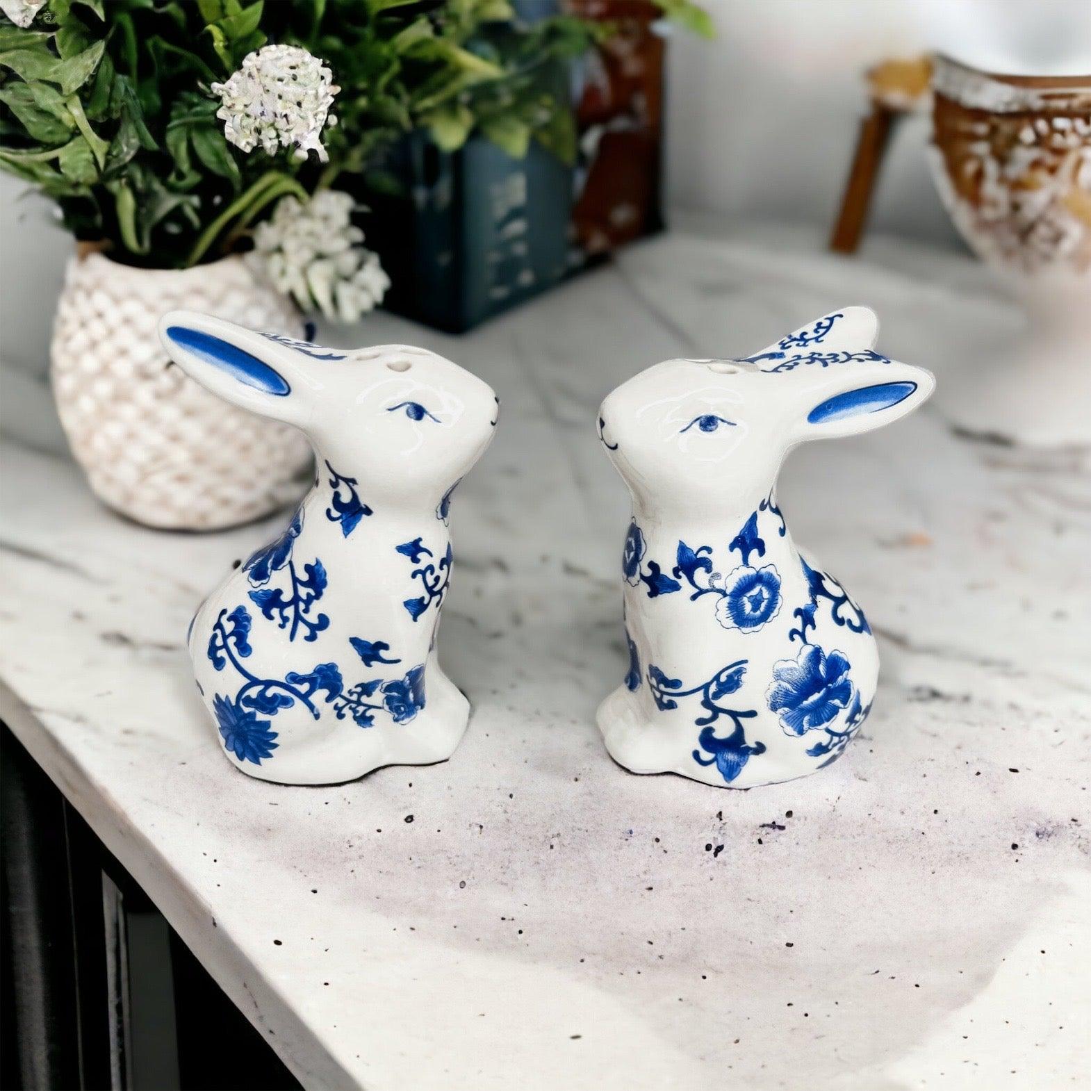 Blue and White Bunny Salt & Pepper Shakers - Hand Painted Porcelain