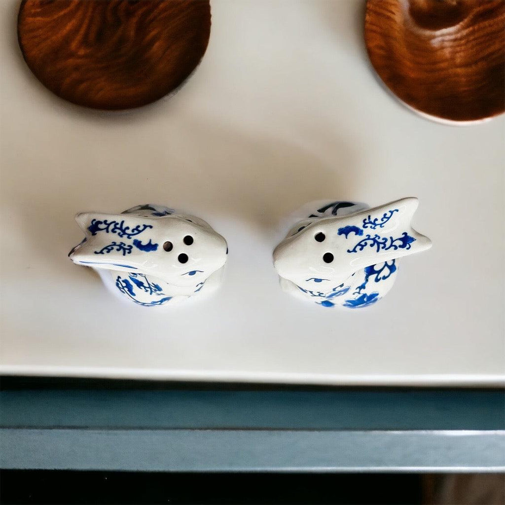 Blue and White Bunny Salt & Pepper Shakers - Hand Painted Porcelain
