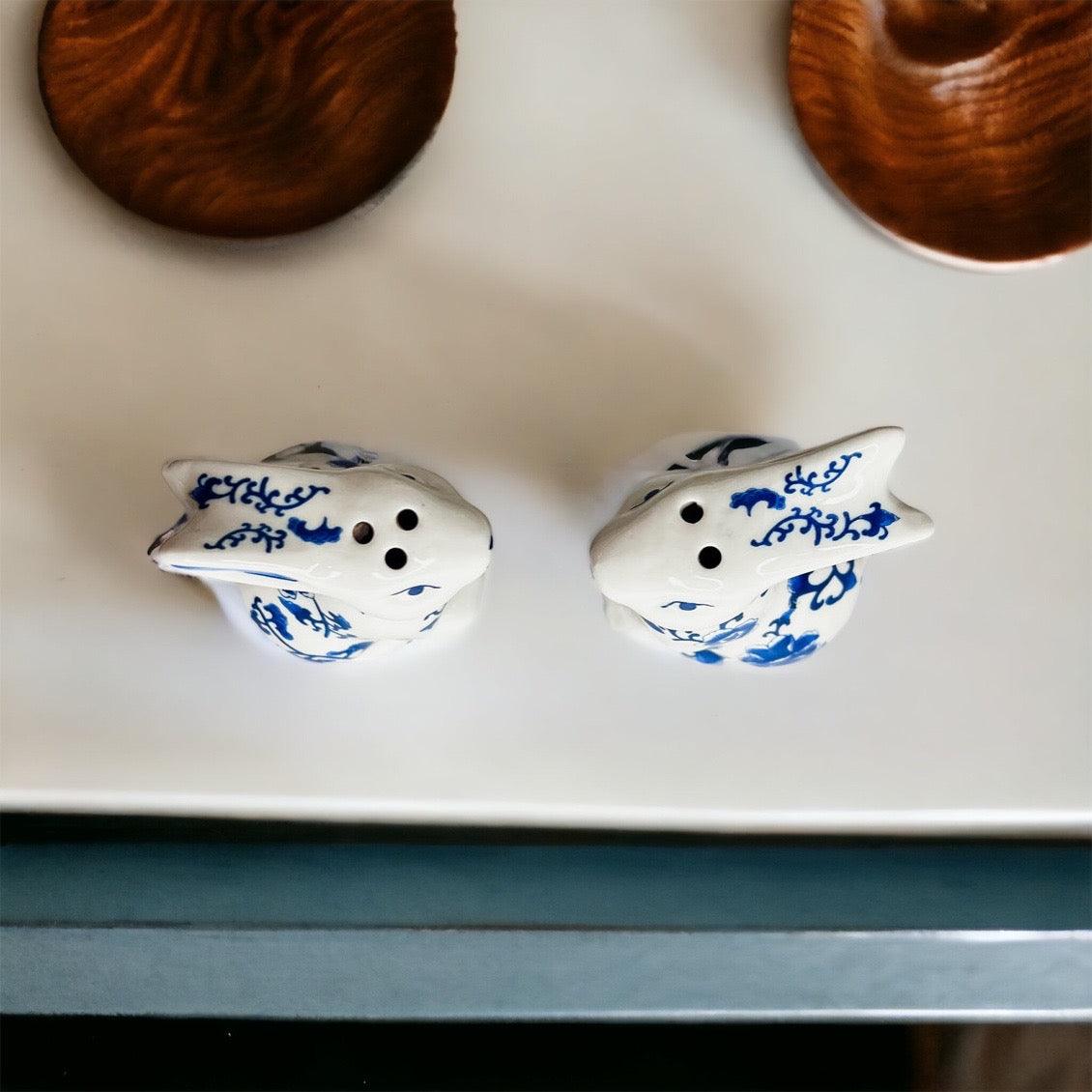 Blue and White Bunny Salt & Pepper Shakers - Hand Painted Porcelain