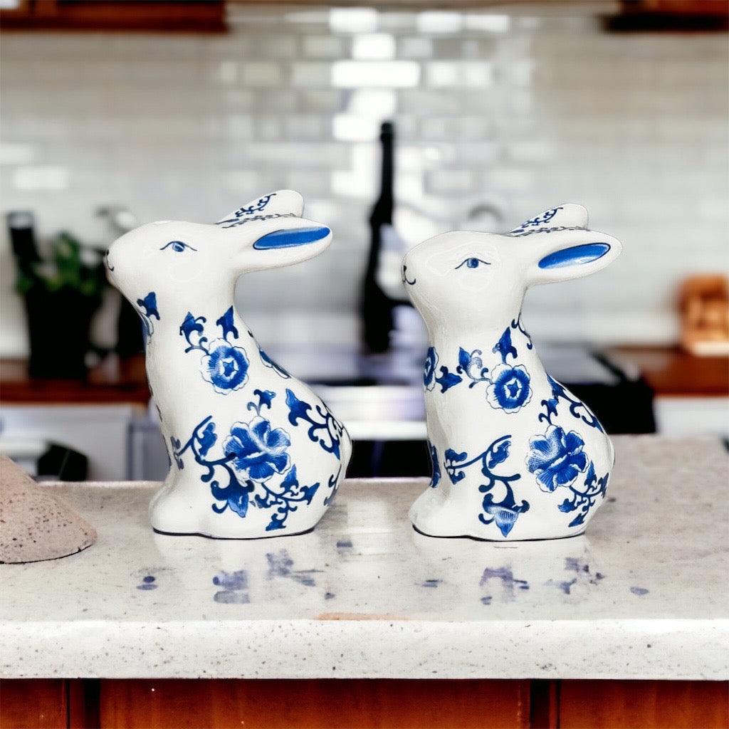Blue and White Bunny Salt & Pepper Shakers - Hand Painted Porcelain