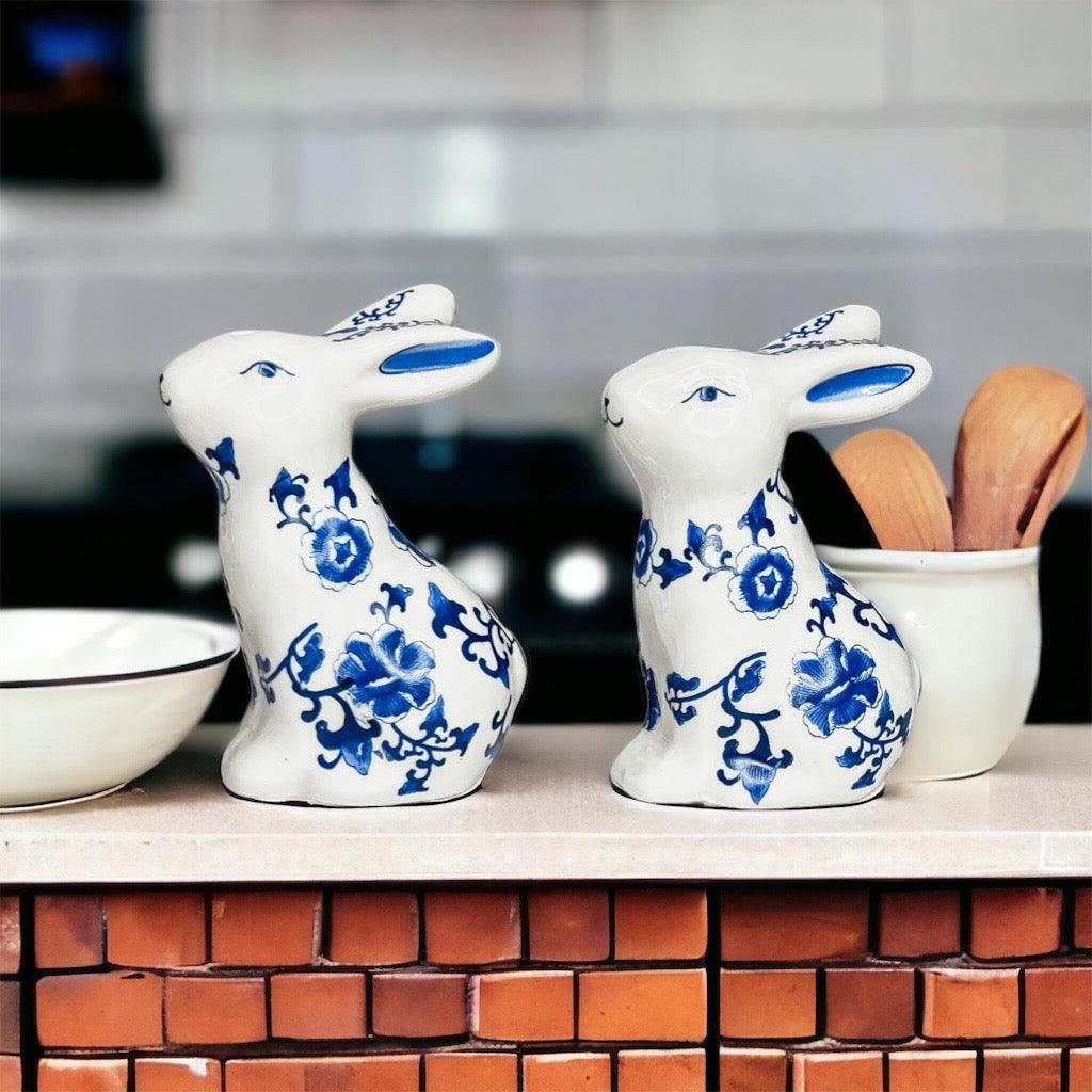 Blue and White Bunny Salt & Pepper Shakers - Hand Painted Porcelain