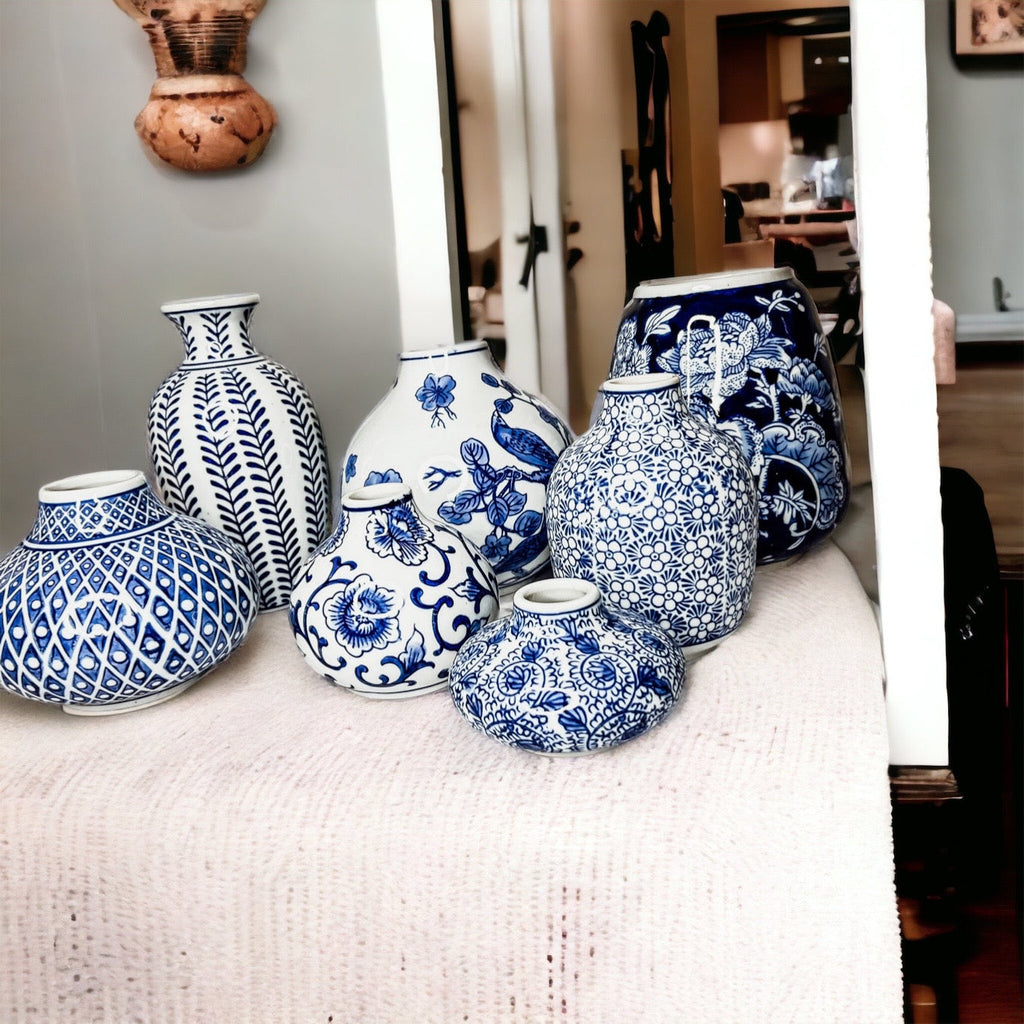 Samira Blue Chinoiserie Porcelain Vases - Hand-Painted
