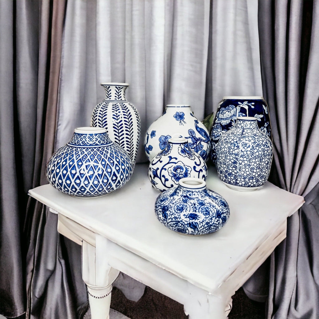 Samira Blue Chinoiserie Porcelain Vases - Hand-Painted