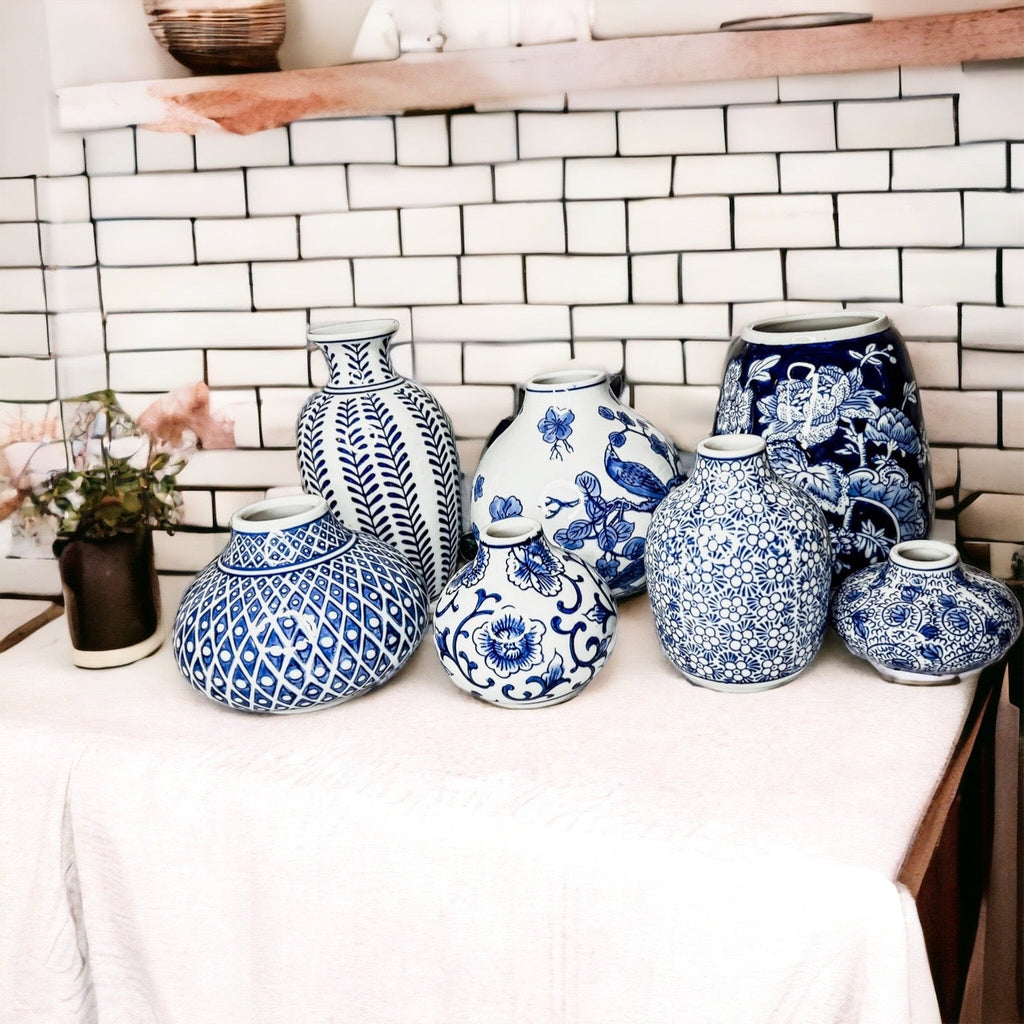Samira Blue Chinoiserie Porcelain Vases - Hand-Painted