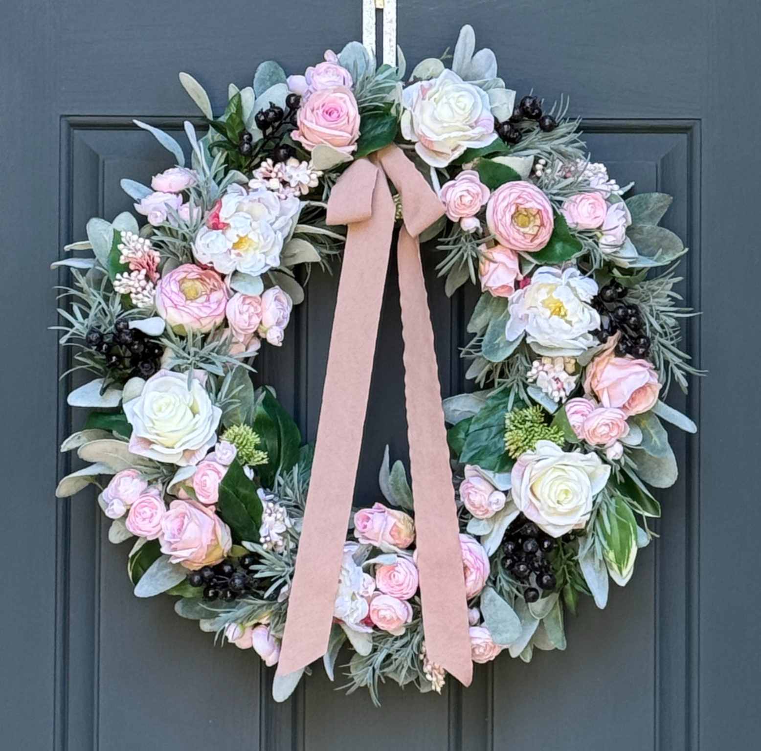Pink Peony Rose Ranunculus Spring Wreath - Handcrafted with Bow