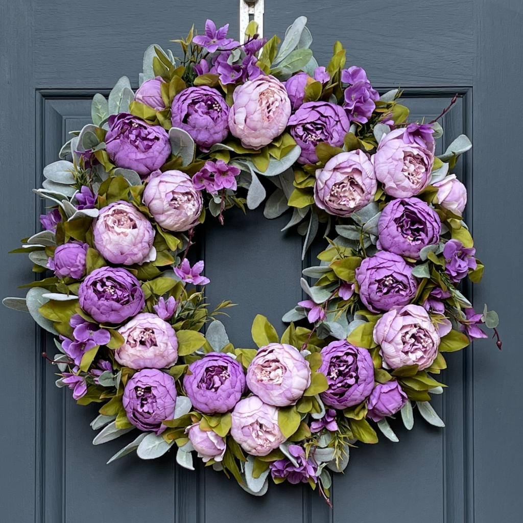 Purple Peony Spring Wreath - Handcrafted Grapevine Door Wreath