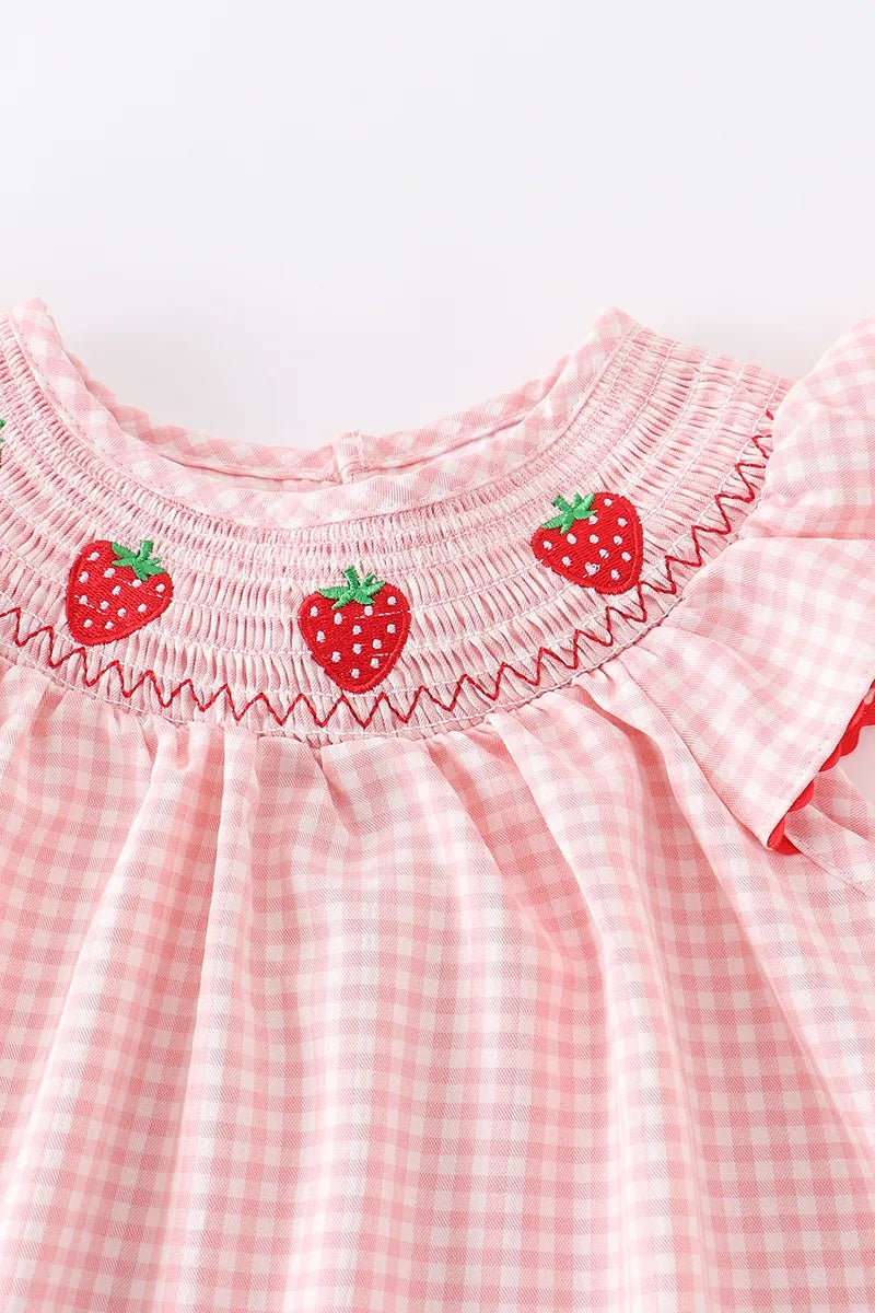Baby Girls Strawberry Embroidered Plaid Smocked Dress - 100% Cotton