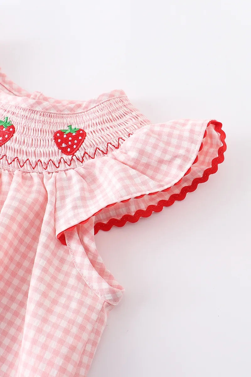 Baby Girls Strawberry Embroidered Plaid Smocked Dress - 100% Cotton