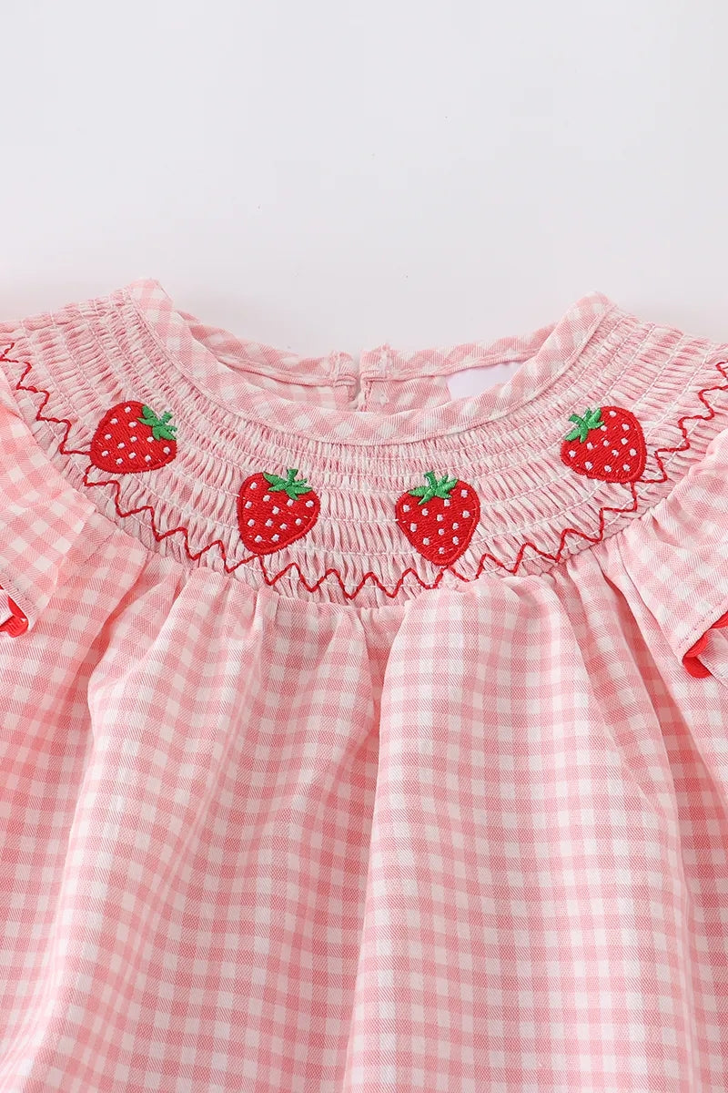 Baby Girls Strawberry Plaid Smocked Romper - 100% Cotton Summer Outfit