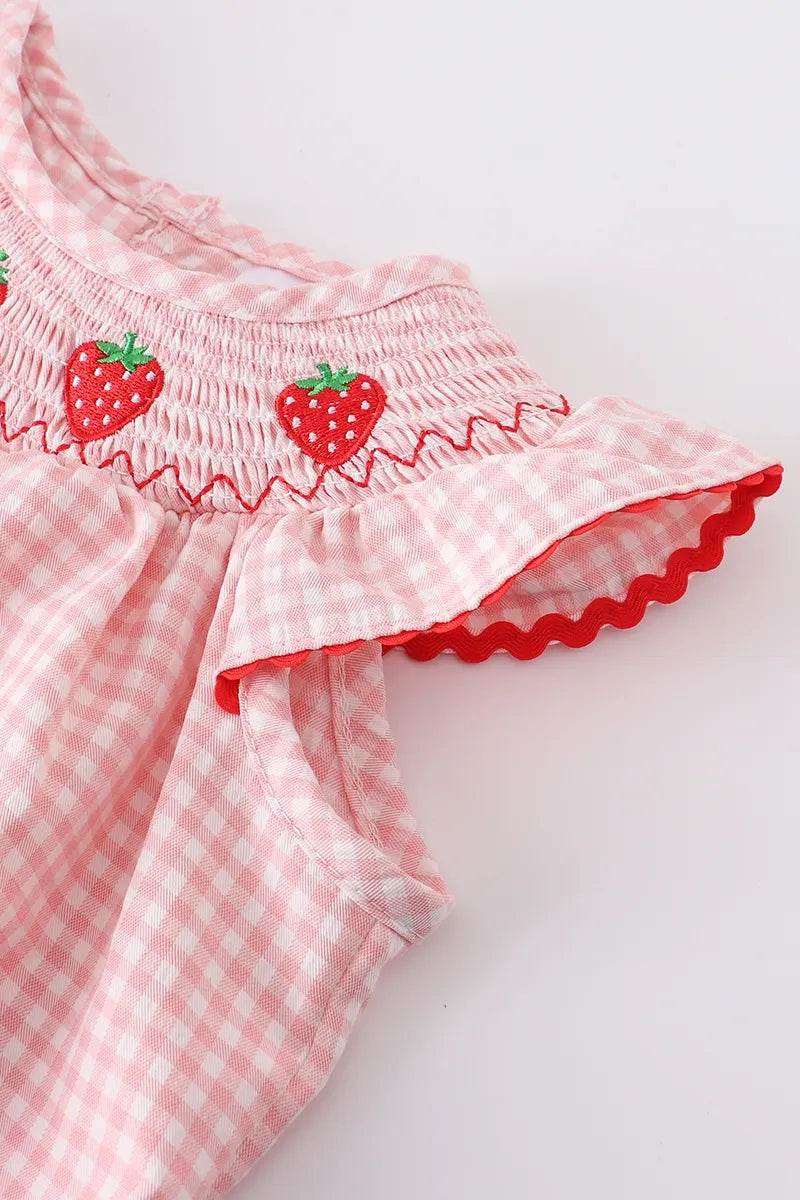 Baby Girls Strawberry Plaid Smocked Romper - 100% Cotton Summer Outfit