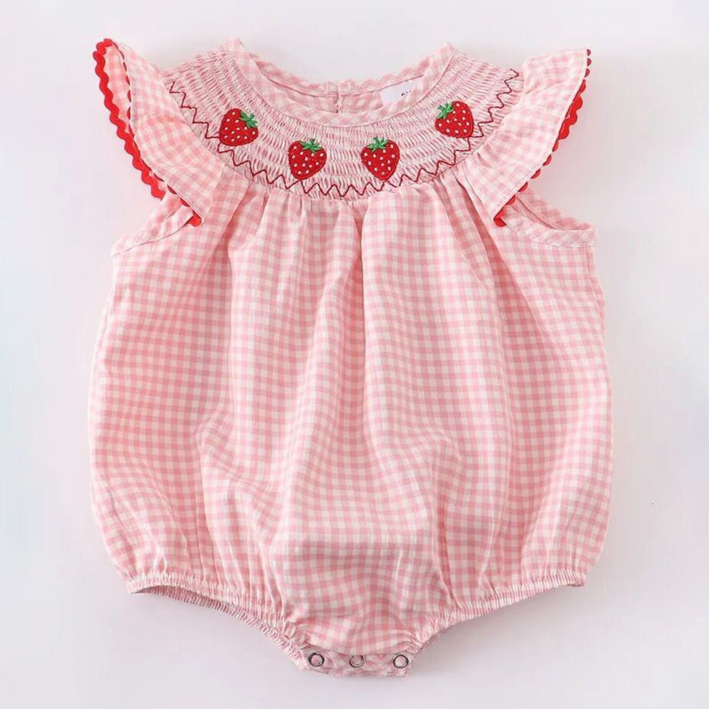 Baby Girls Strawberry Plaid Smocked Romper - 100% Cotton Summer Outfit